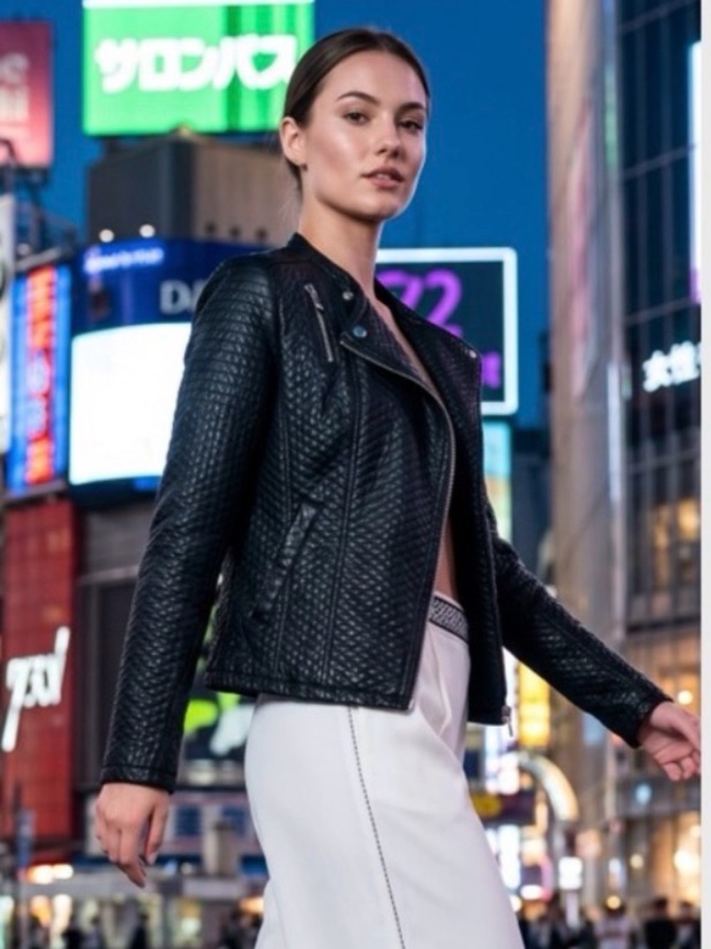Karl Lagerfeld Paris Black Quilted Asymmetric Zip Faux Leather Jacket (S)